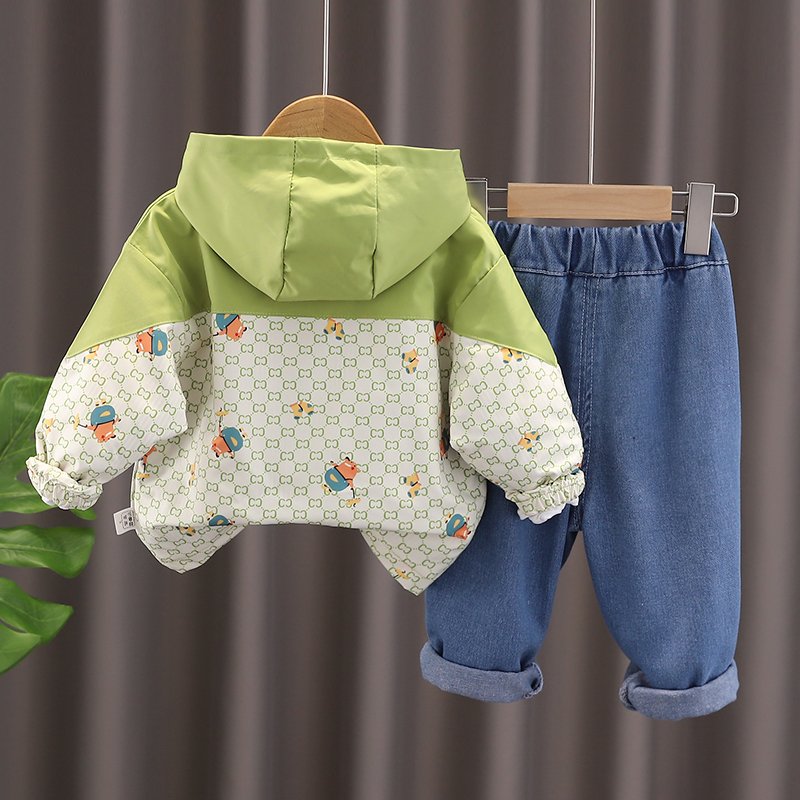 Autumn New Style Toddler Boy Clothing Set Casual Zip-Up Jacket with Bear Full Print and Plaid Long Sleeves and Denim Pants
