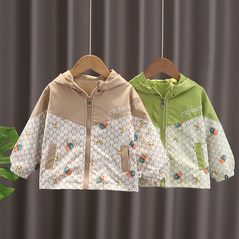 Autumn New Style Toddler Boy Clothing Set Casual Zip-Up Jacket with Bear Full Print and Plaid Long Sleeves and Denim Pants