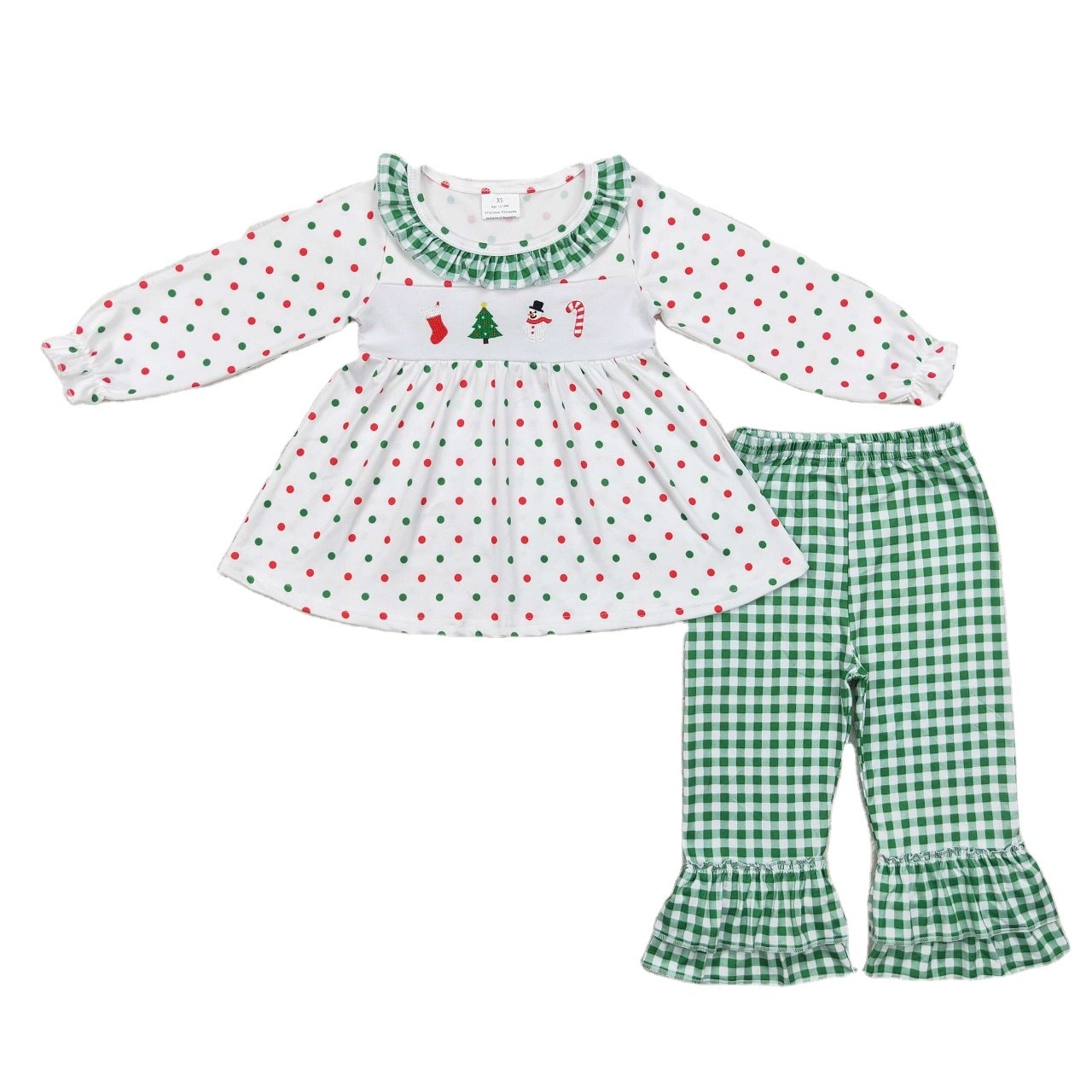 Wholesale Toddler Kids Christmas Set Long Sleeves White Embroidery Tunic Green Plaid Pants Children Outfit Boy Girl Pajamas