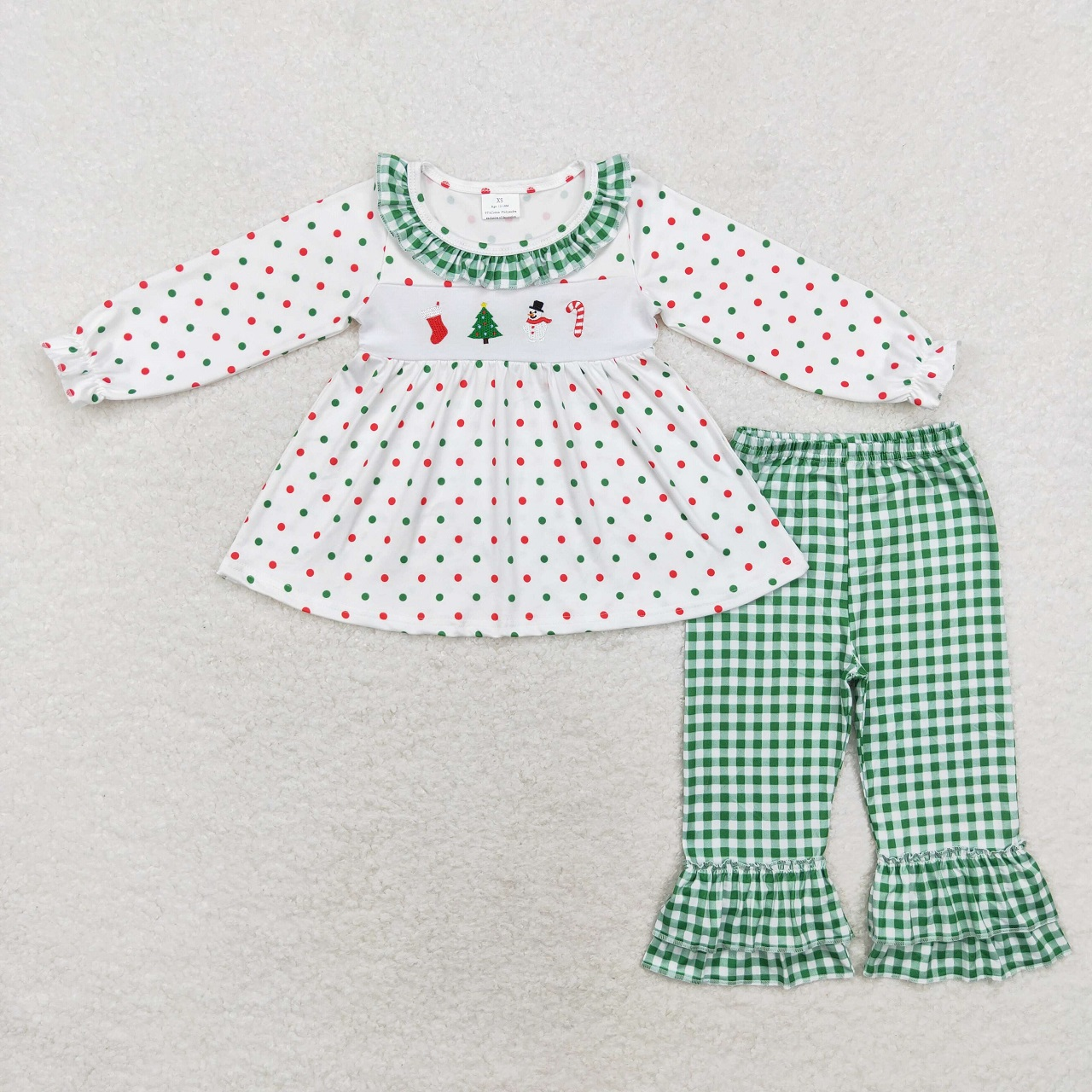 Wholesale Toddler Kids Christmas Set Long Sleeves White Embroidery Tunic Green Plaid Pants Children Outfit Boy Girl Pajamas