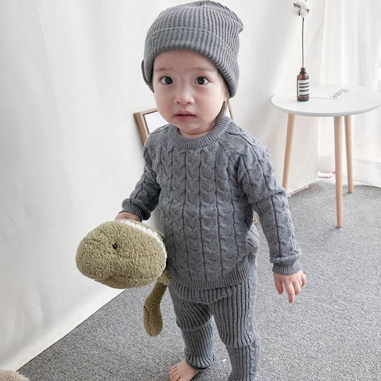 Custom Winter Knit Outfits Long Sleeve And Long Pants Toddler Baby Kids Clothing Girls Baby Boys Sweater Sets