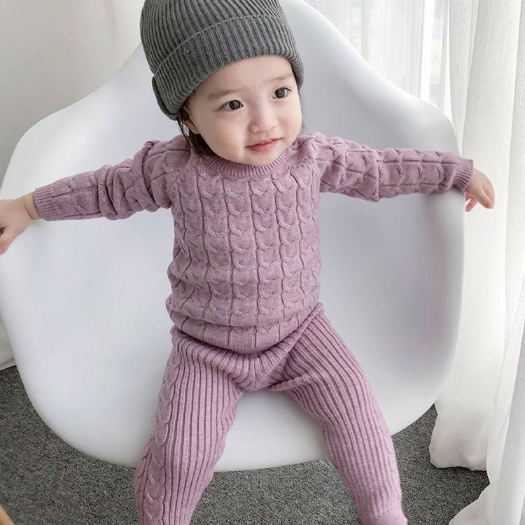 Custom Winter Knit Outfits Long Sleeve And Long Pants Toddler Baby Kids Clothing Girls Baby Boys Sweater Sets