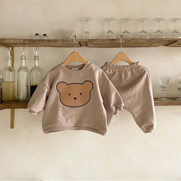 Spring Autumn Newborn Infant Toddler Boys Girls Causal Oversized Cotton Bear Print Tracksuits Baby Sweatshirt Set