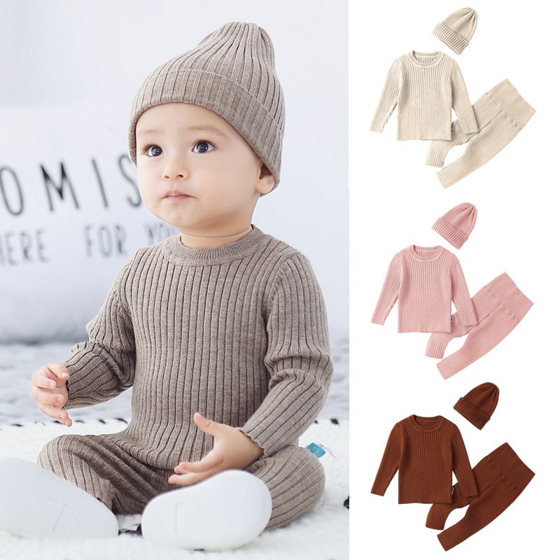 New born 3pcs sweater sets winter boys toddler girls sweater jogger sets with beanies rib knit long sleeves baby set clothing