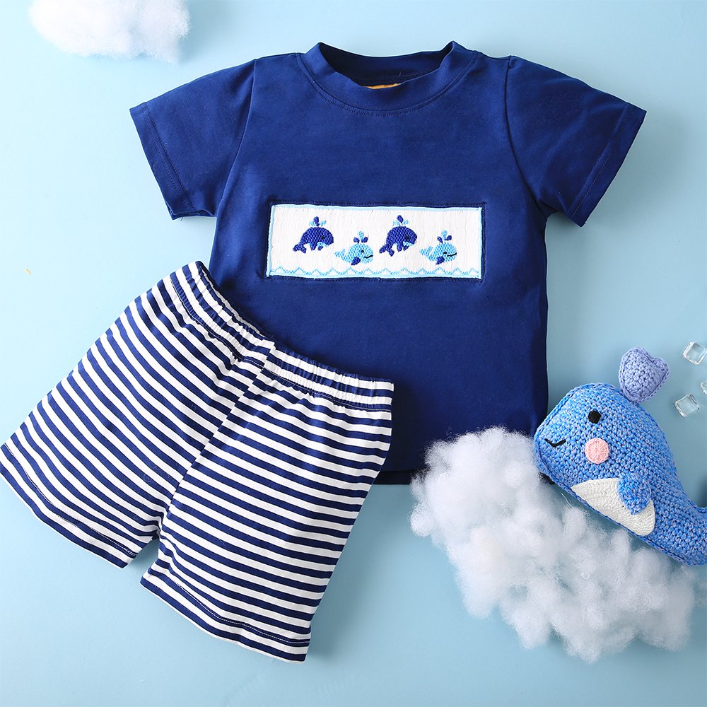 Blue Whales Smocked Outfits for Boys Kids Clothing Set Fabric ODM Baby Boys Clothing - BB1771