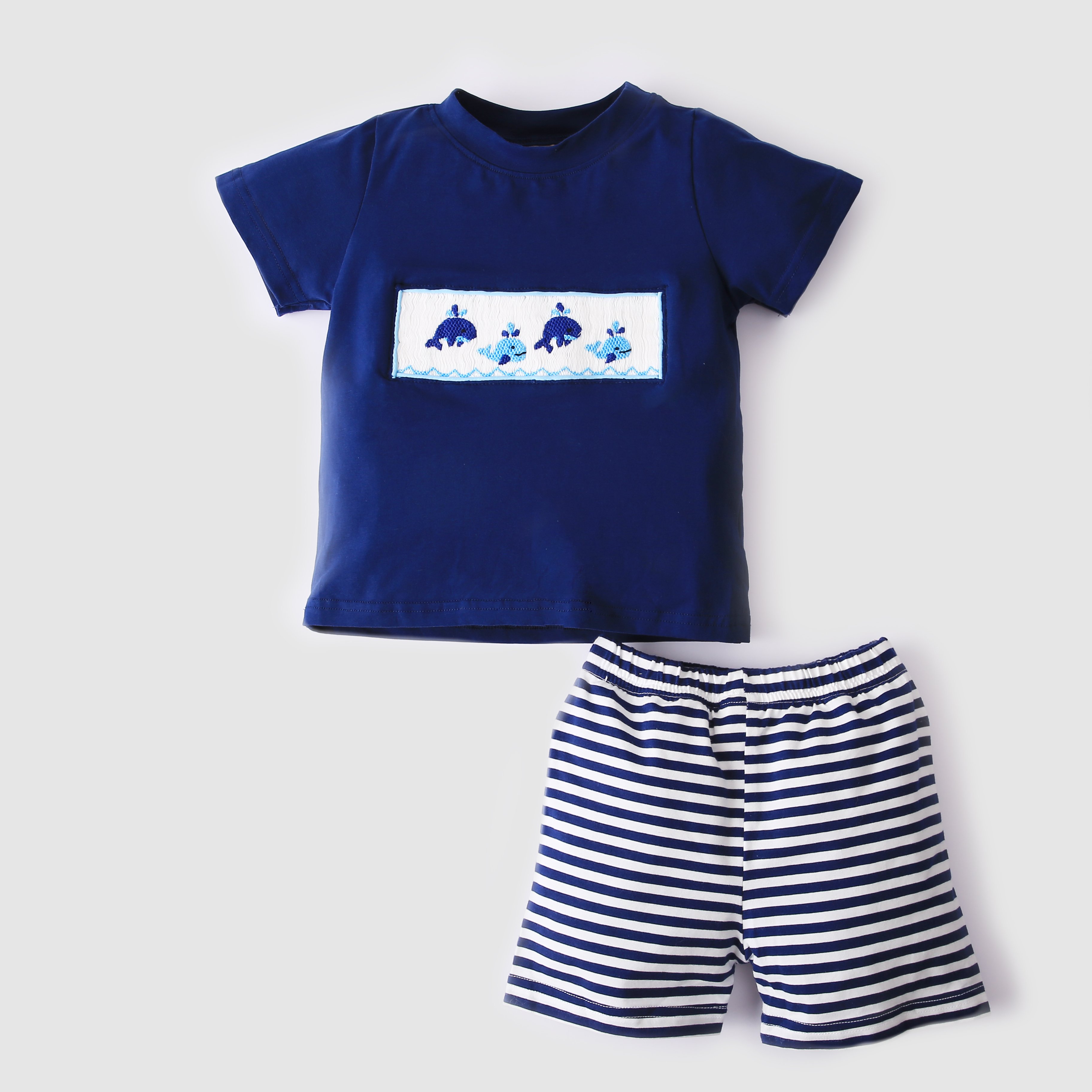 Blue Whales Smocked Outfits for Boys Kids Clothing Set Fabric ODM Baby Boys Clothing - BB1771