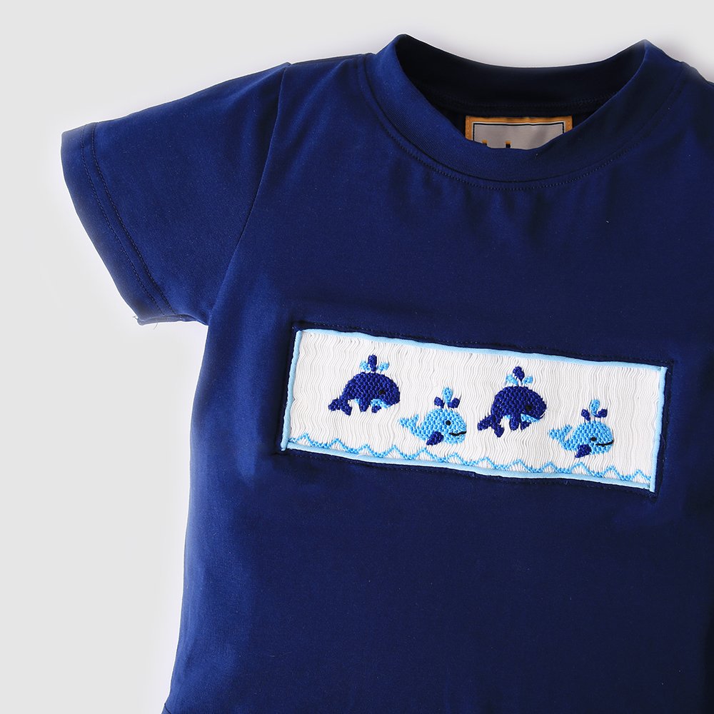Blue Whales Smocked Outfits for Boys Kids Clothing Set Fabric ODM Baby Boys Clothing - BB1771