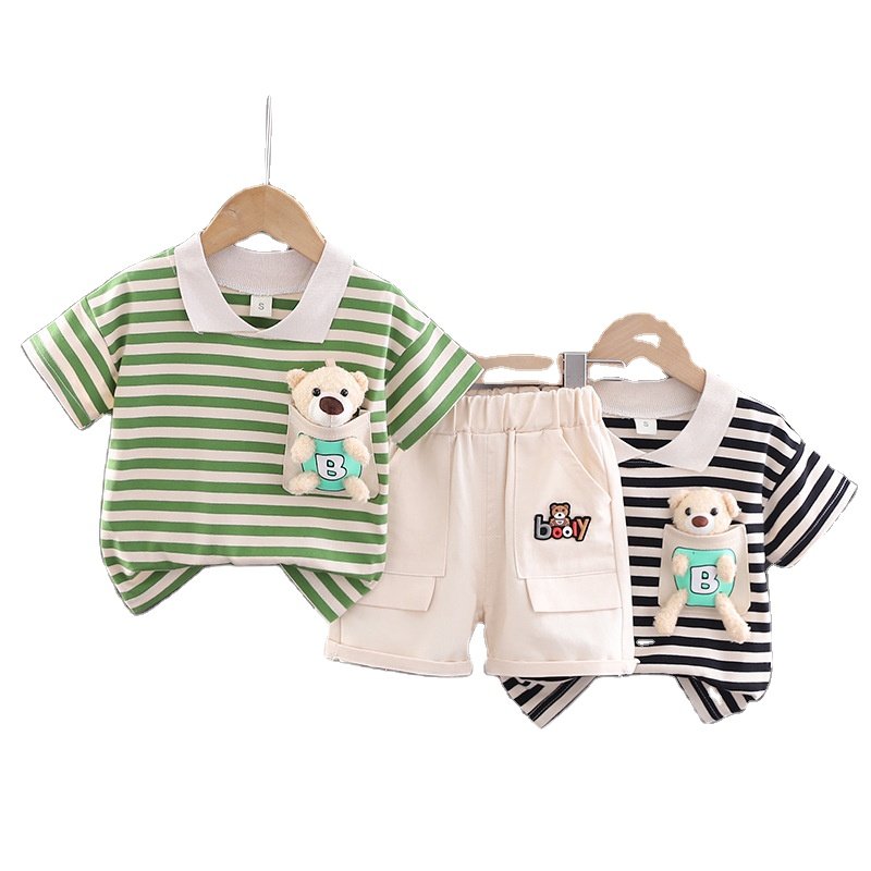 Summer Boys Sports Two-Piece Set New Fashionable Lapel Short-Sleeved Shirts and Shorts Kids' Thin Casual Striped Clothing