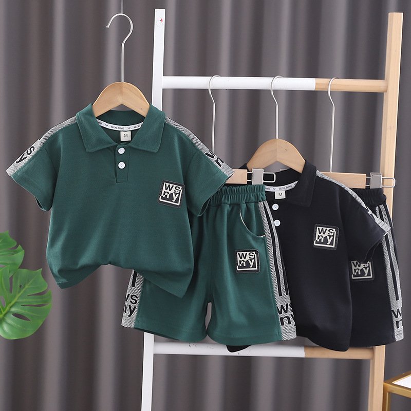 Summer Boys Sports Two-Piece Set New Fashionable Lapel Short-Sleeved Shirts and Shorts Kids' Thin Casual Striped Clothing