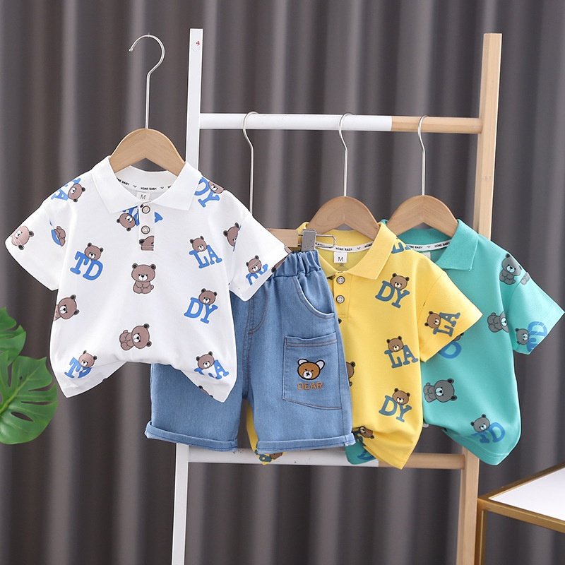 Summer Boys Sports Two-Piece Set New Fashionable Lapel Short-Sleeved Shirts and Shorts Kids' Thin Casual Striped Clothing