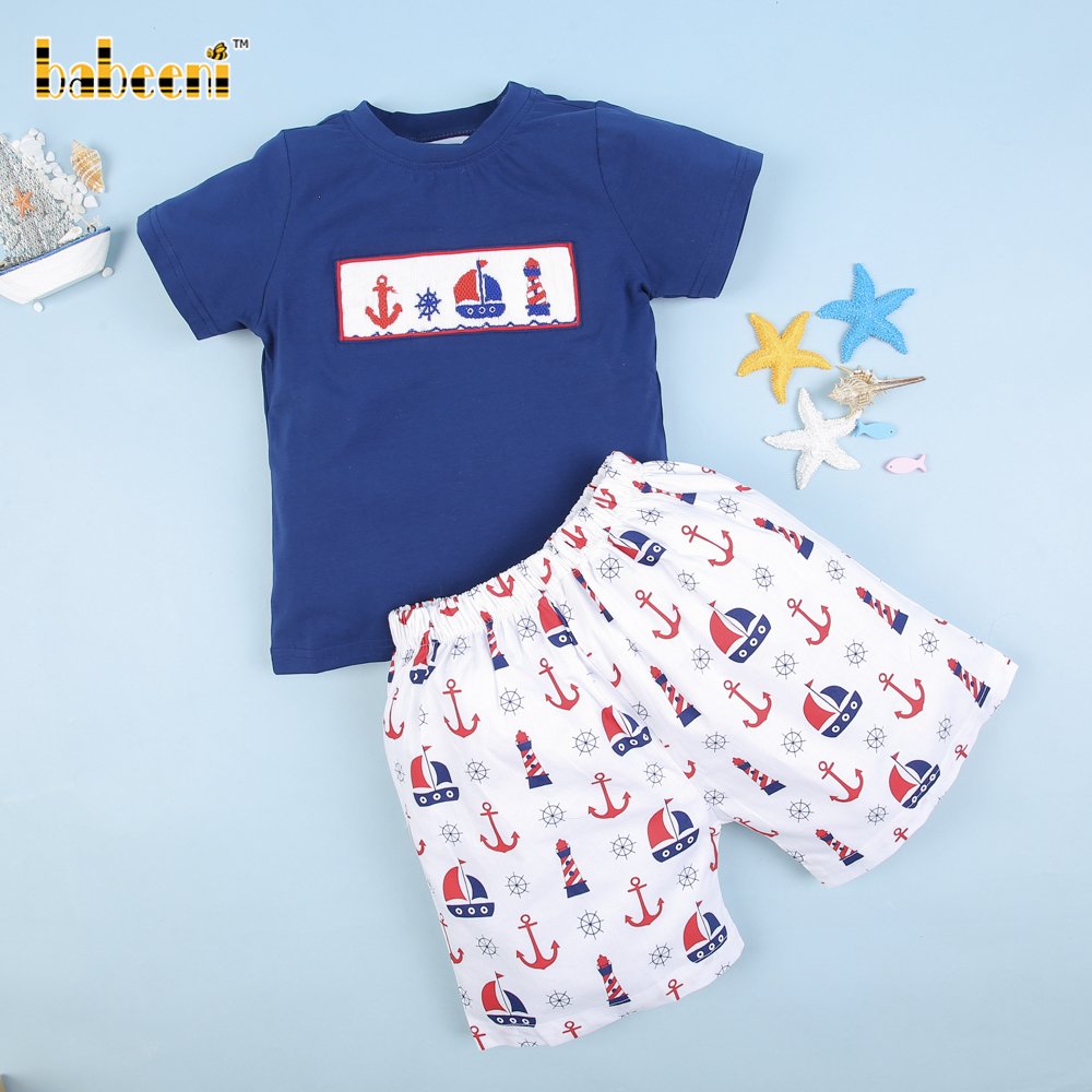 Sailboat smocked boy clothing set ODM wholesale smocked children clothing boys clothing sets - BB1528