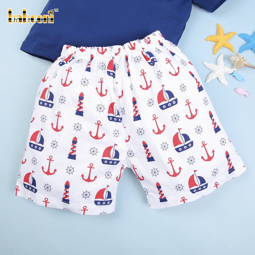 Sailboat smocked boy clothing set ODM wholesale smocked children clothing boys clothing sets - BB1528
