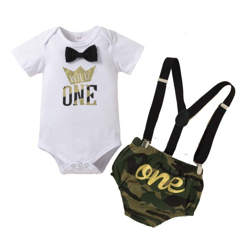 Bestseller One Year Old Cotton Romper Diaper Cover Short 2pcs Baby Boys Wild One Birthday Outfit BBOF-006