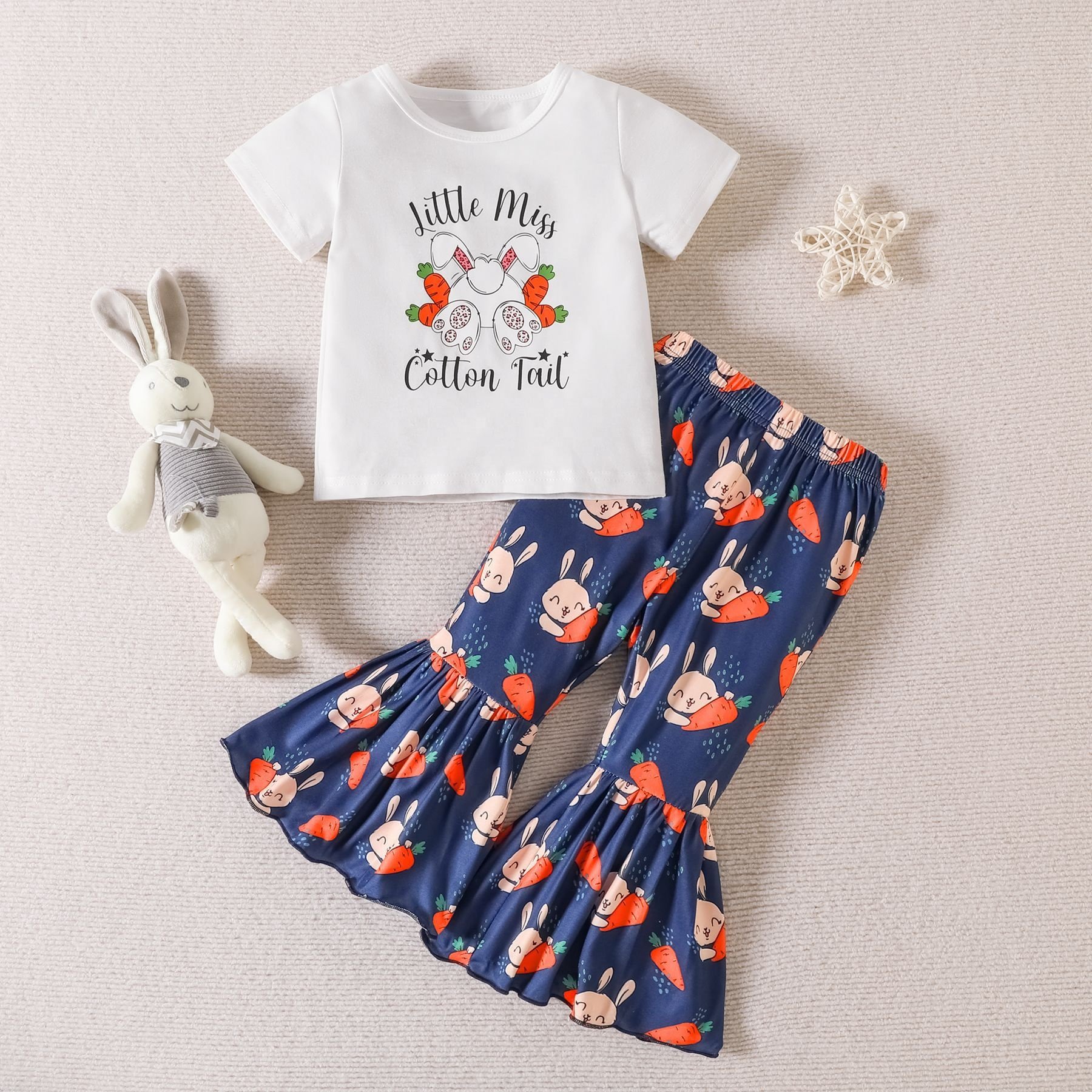 Toddler Girls Easter Summer Cartoon Rabbit Printed Bell Bottoms Pants Kids Outfits Baby Girl Clothing Sets