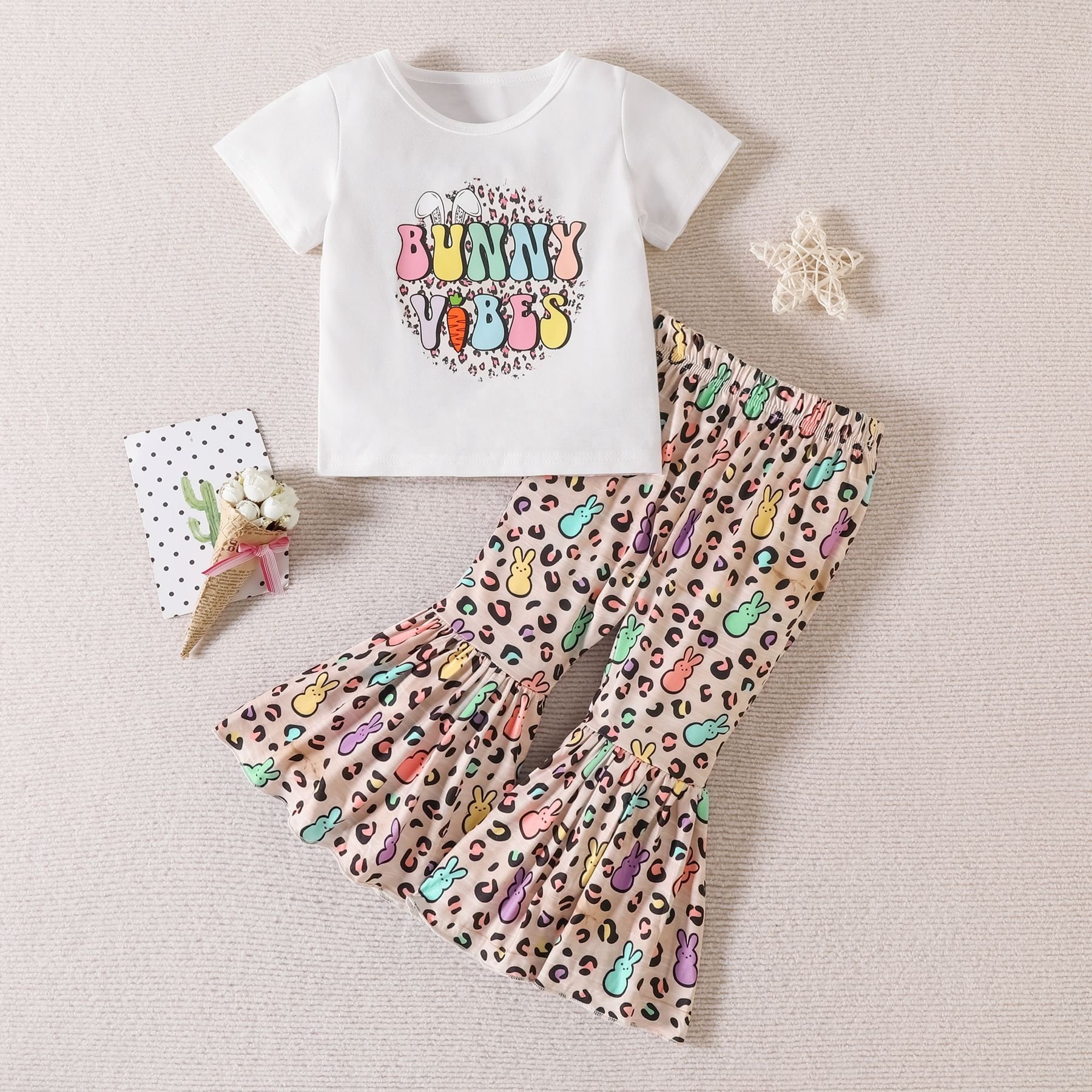 Toddler Girls Easter Summer Cartoon Rabbit Printed Bell Bottoms Pants Kids Outfits Baby Girl Clothing Sets