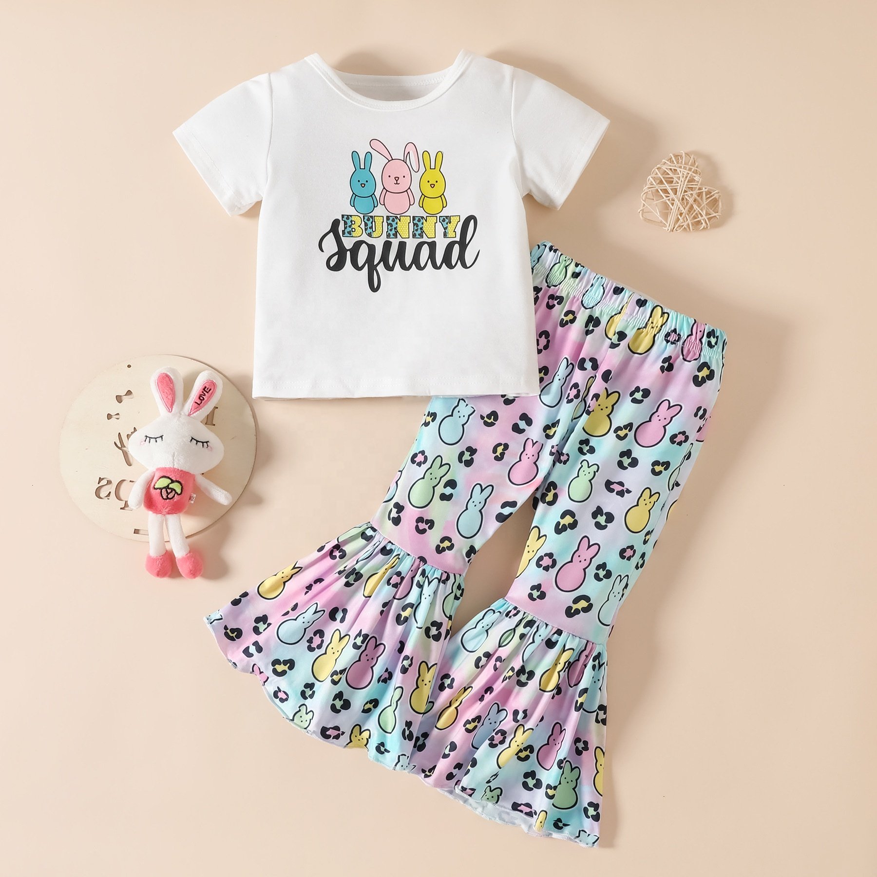 Toddler Girls Easter Summer Cartoon Rabbit Printed Bell Bottoms Pants Kids Outfits Baby Girl Clothing Sets