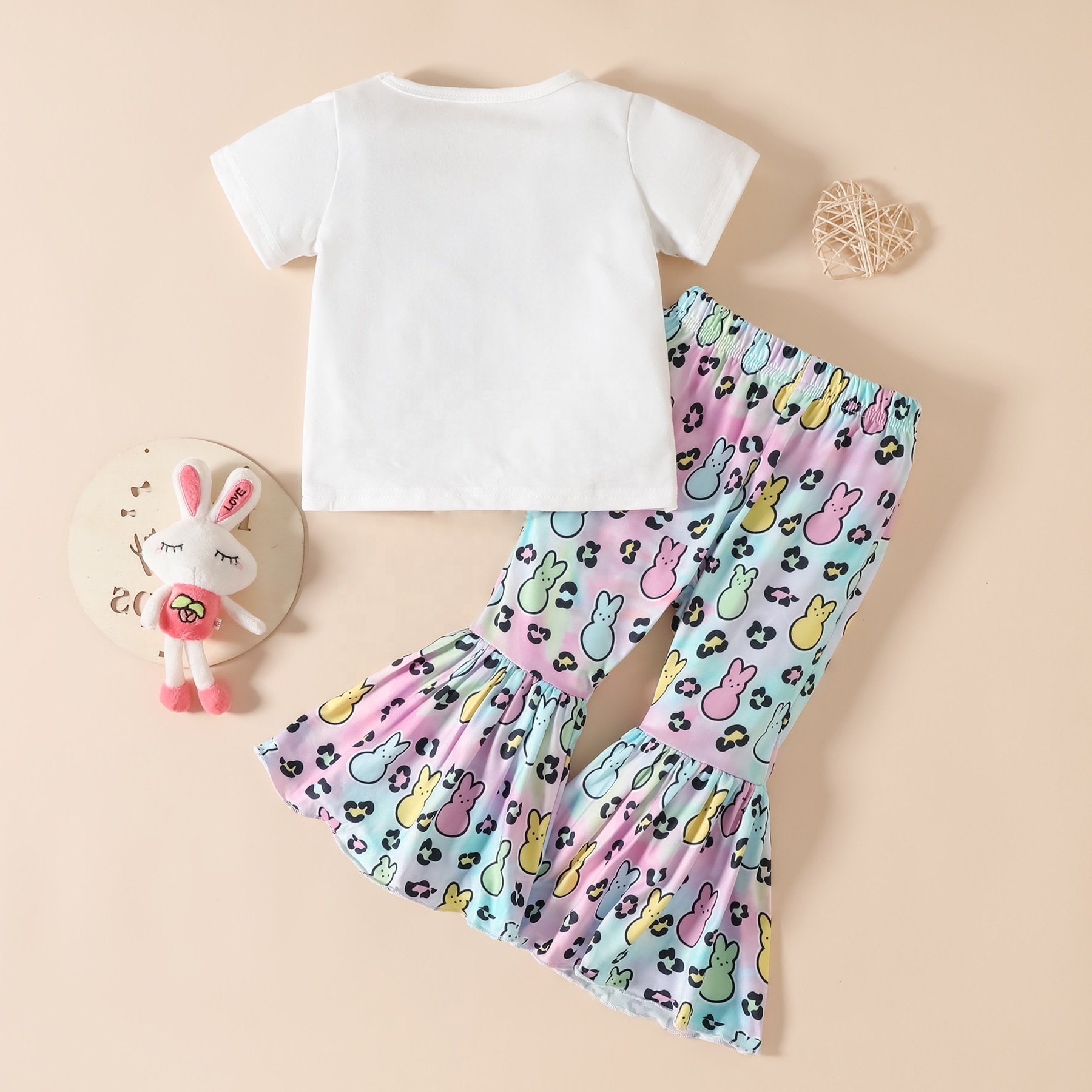 Toddler Girls Easter Summer Cartoon Rabbit Printed Bell Bottoms Pants Kids Outfits Baby Girl Clothing Sets