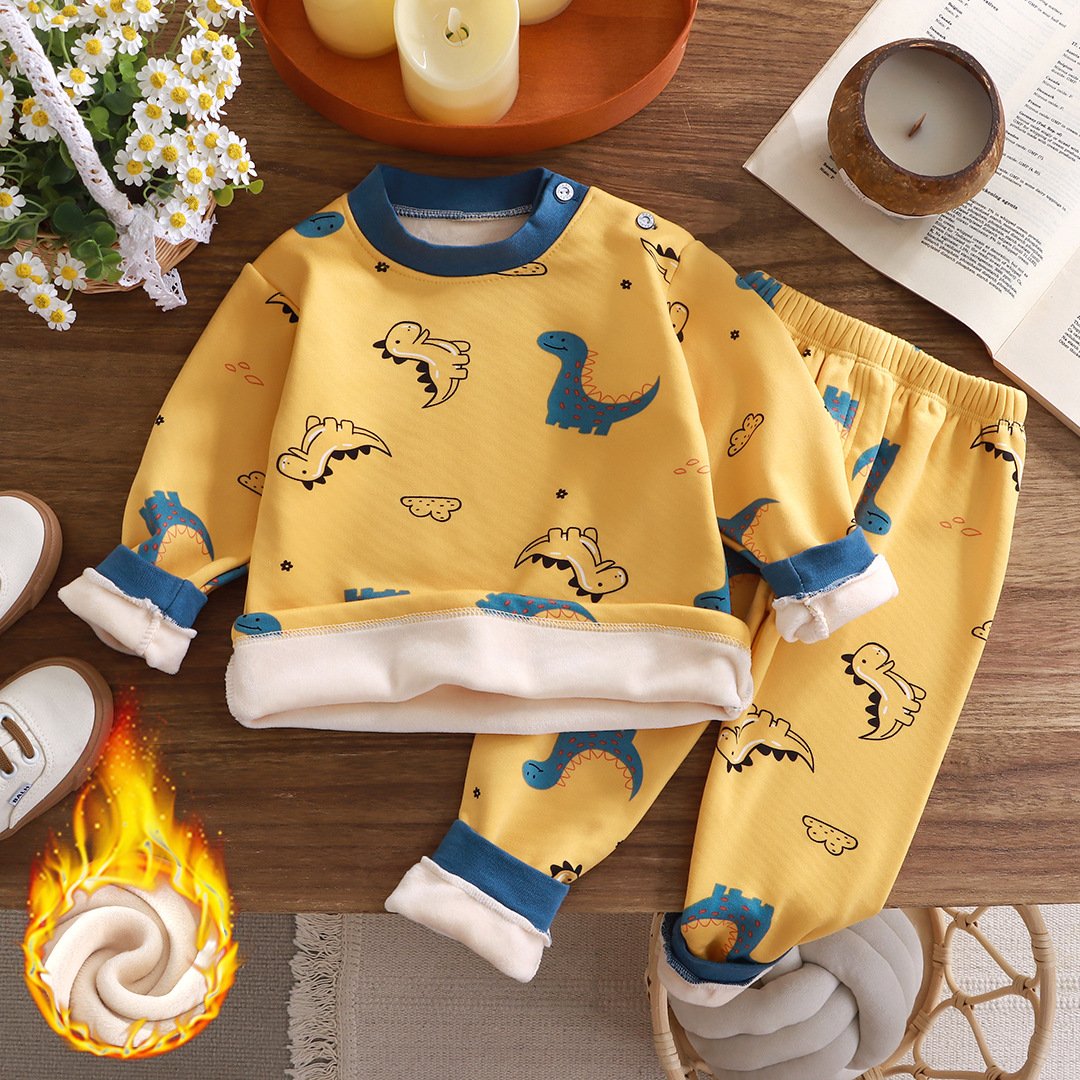 23 New children's warm underwear set plus velvet thick boys and girls autumn clothes baby warm clothes baby clothes winter