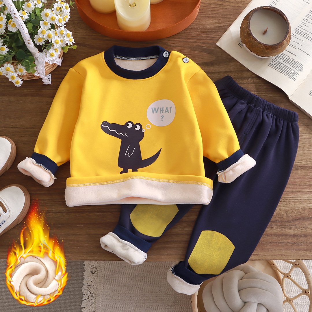 23 New children's warm underwear set plus velvet thick boys and girls autumn clothes baby warm clothes baby clothes winter
