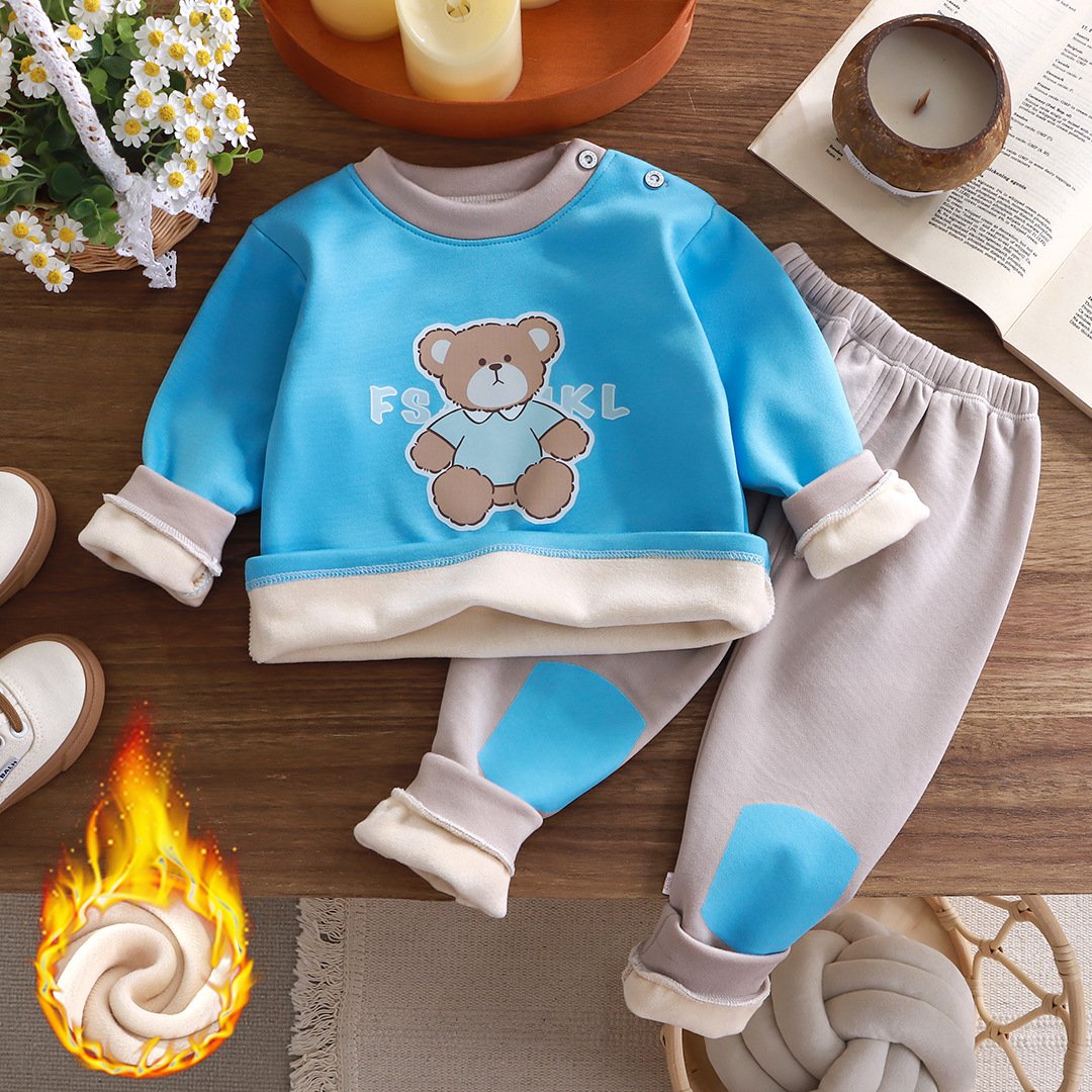 23 New children's warm underwear set plus velvet thick boys and girls autumn clothes baby warm clothes baby clothes winter