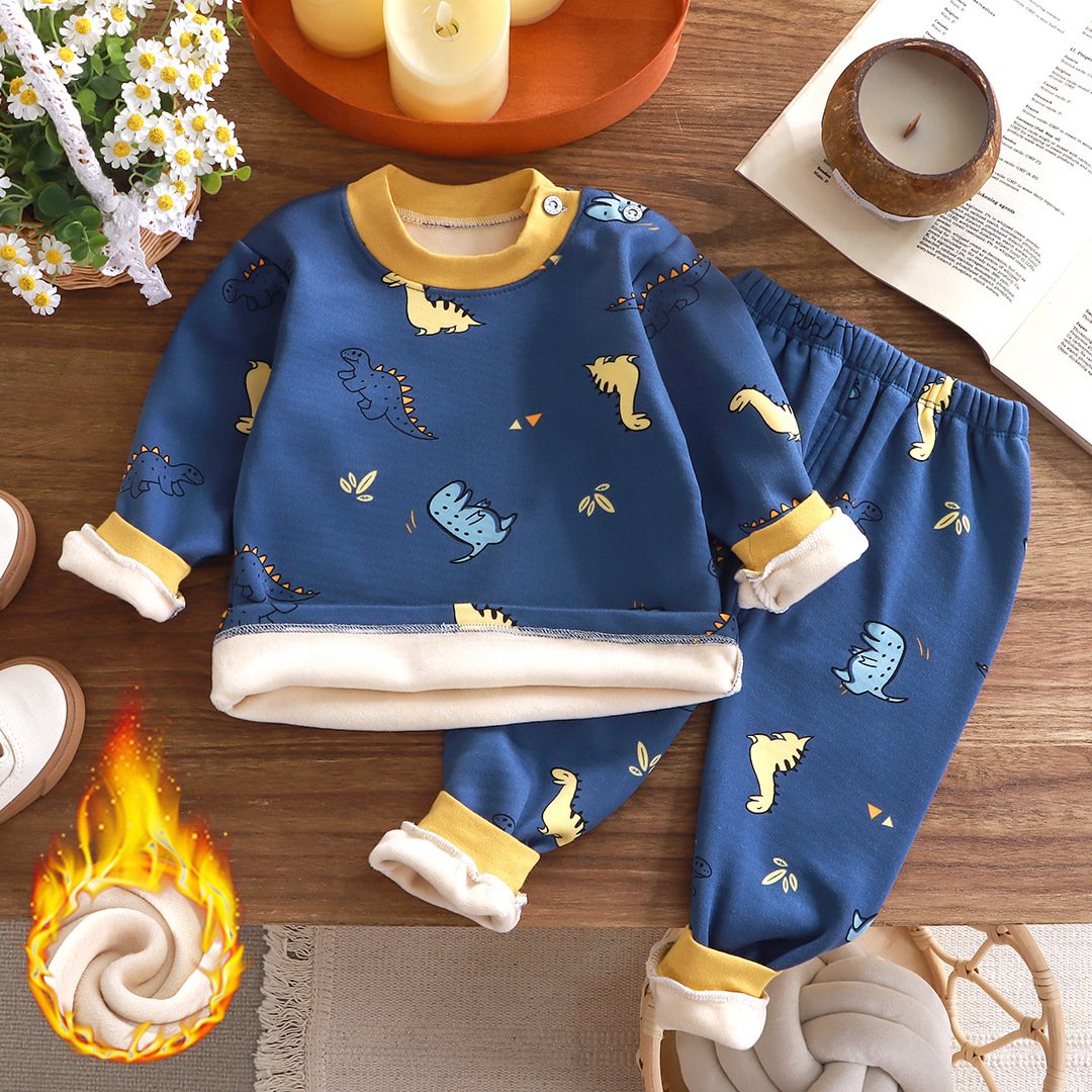 23 New children's warm underwear set plus velvet thick boys and girls autumn clothes baby warm clothes baby clothes winter