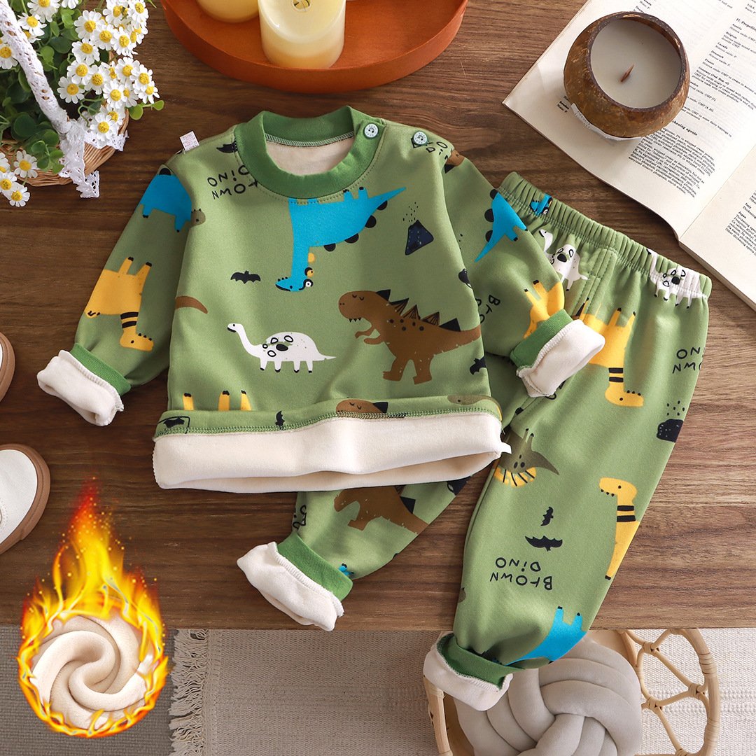 23 New children's warm underwear set plus velvet thick boys and girls autumn clothes baby warm clothes baby clothes winter