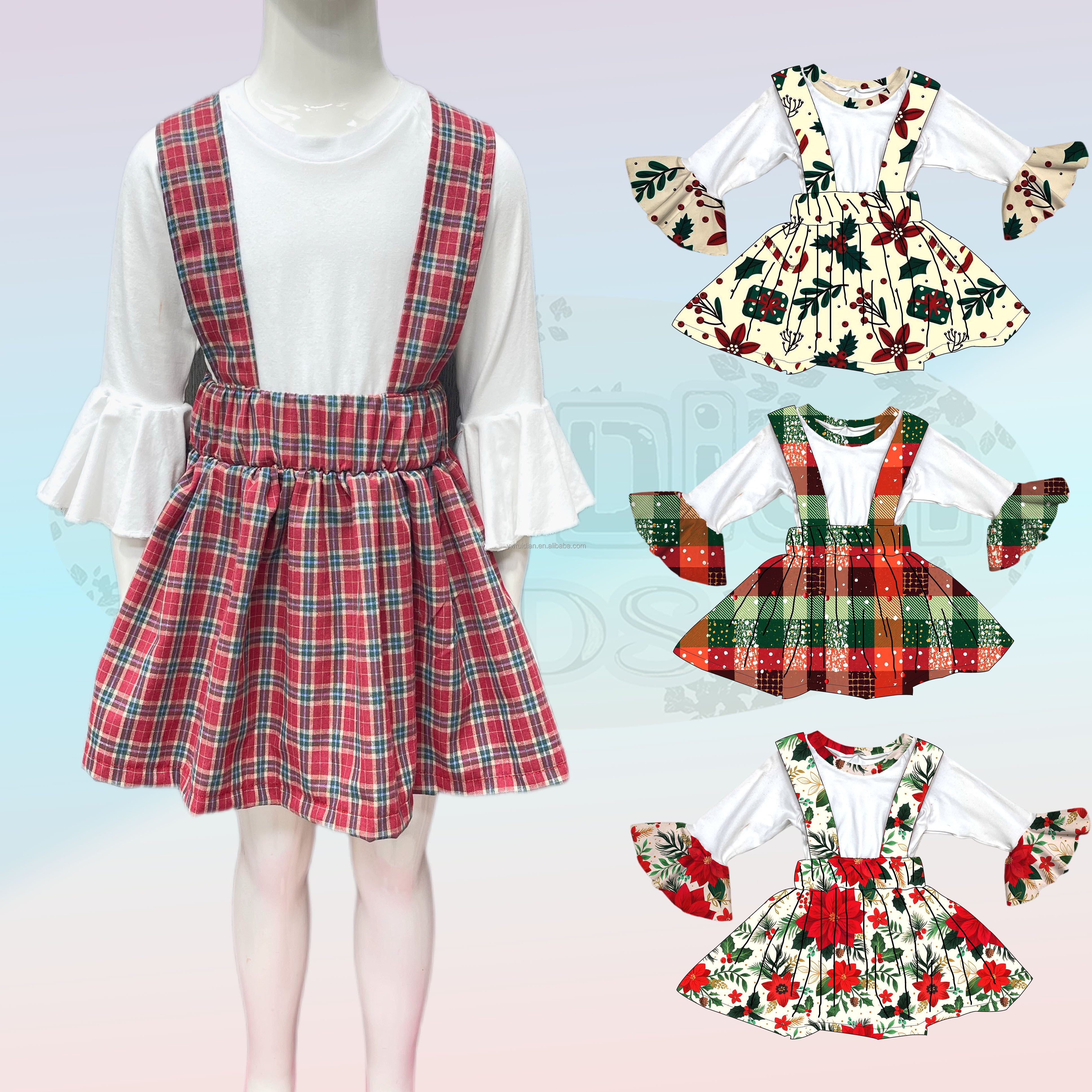 Yiwu Ruidian Custom Wholesale Children's Clothing New Hot Christmas Dress Trumpet Sleeve Shirt Red Plaid Strap Skirt 2 Sets
