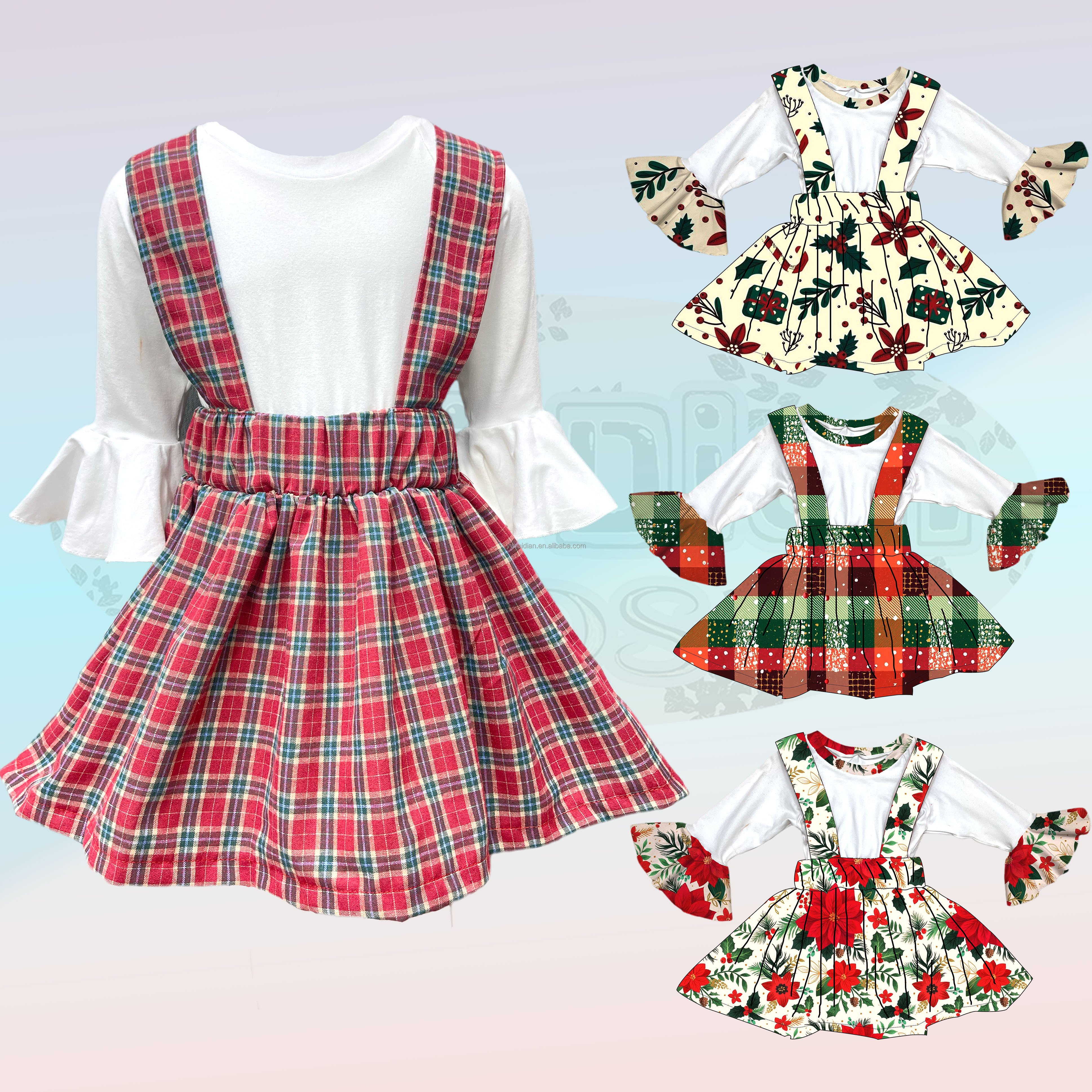 Yiwu Ruidian Custom Wholesale Children's Clothing New Hot Christmas Dress Trumpet Sleeve Shirt Red Plaid Strap Skirt 2 Sets