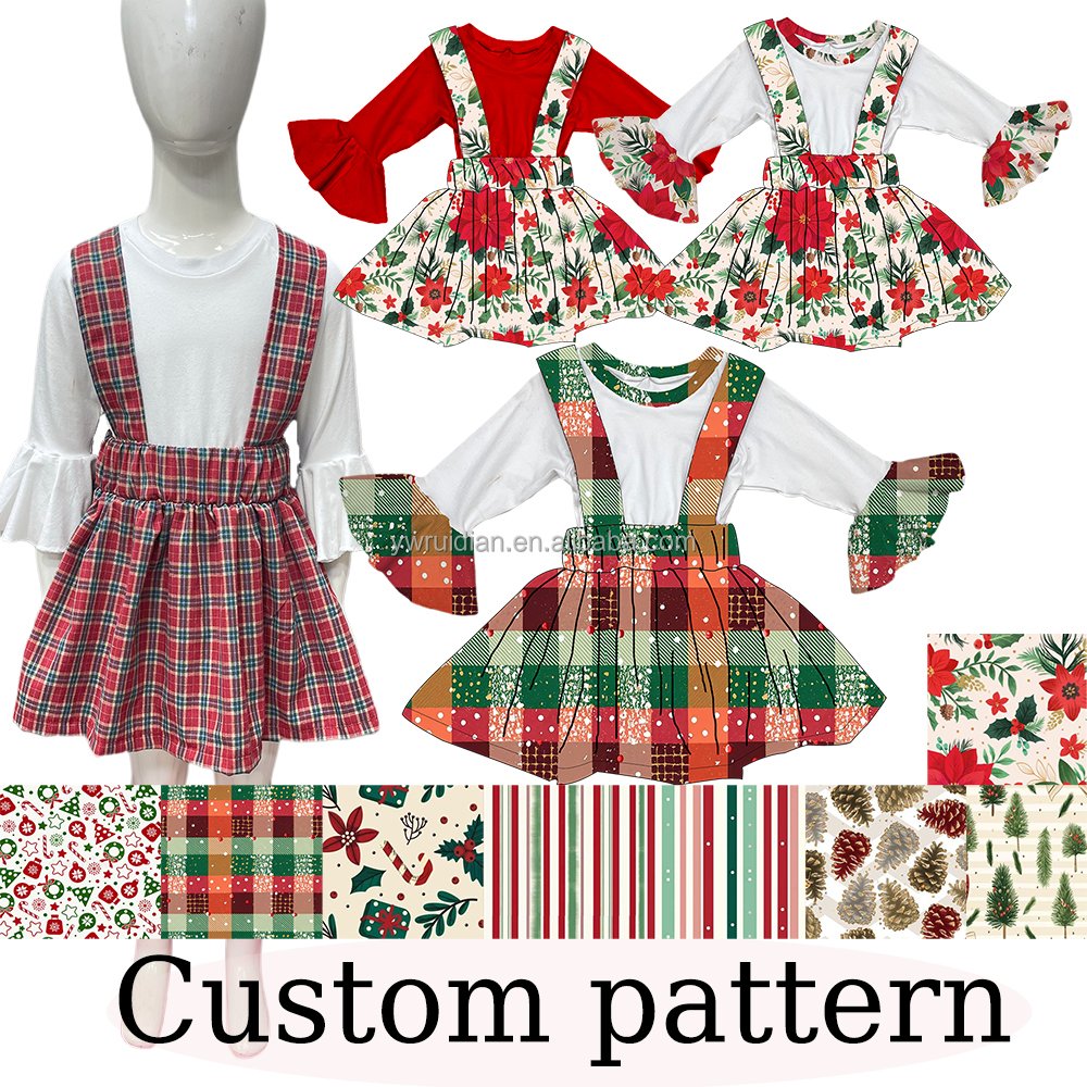 Yiwu Ruidian Custom Wholesale Children's Clothing New Hot Christmas Dress Trumpet Sleeve Shirt Red Plaid Strap Skirt 2 Sets