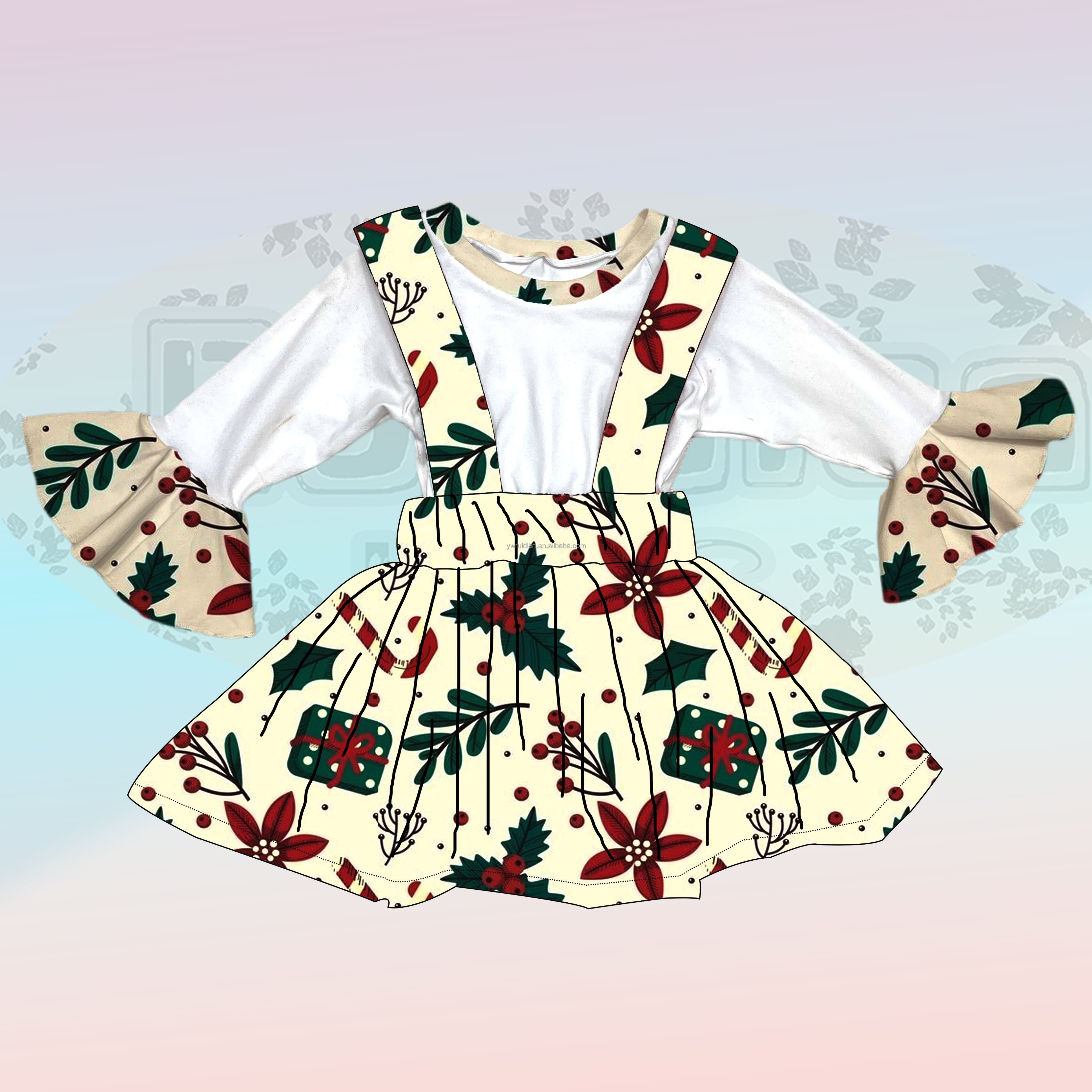 Yiwu Ruidian Custom Wholesale Children's Clothing New Hot Christmas Dress Trumpet Sleeve Shirt Red Plaid Strap Skirt 2 Sets