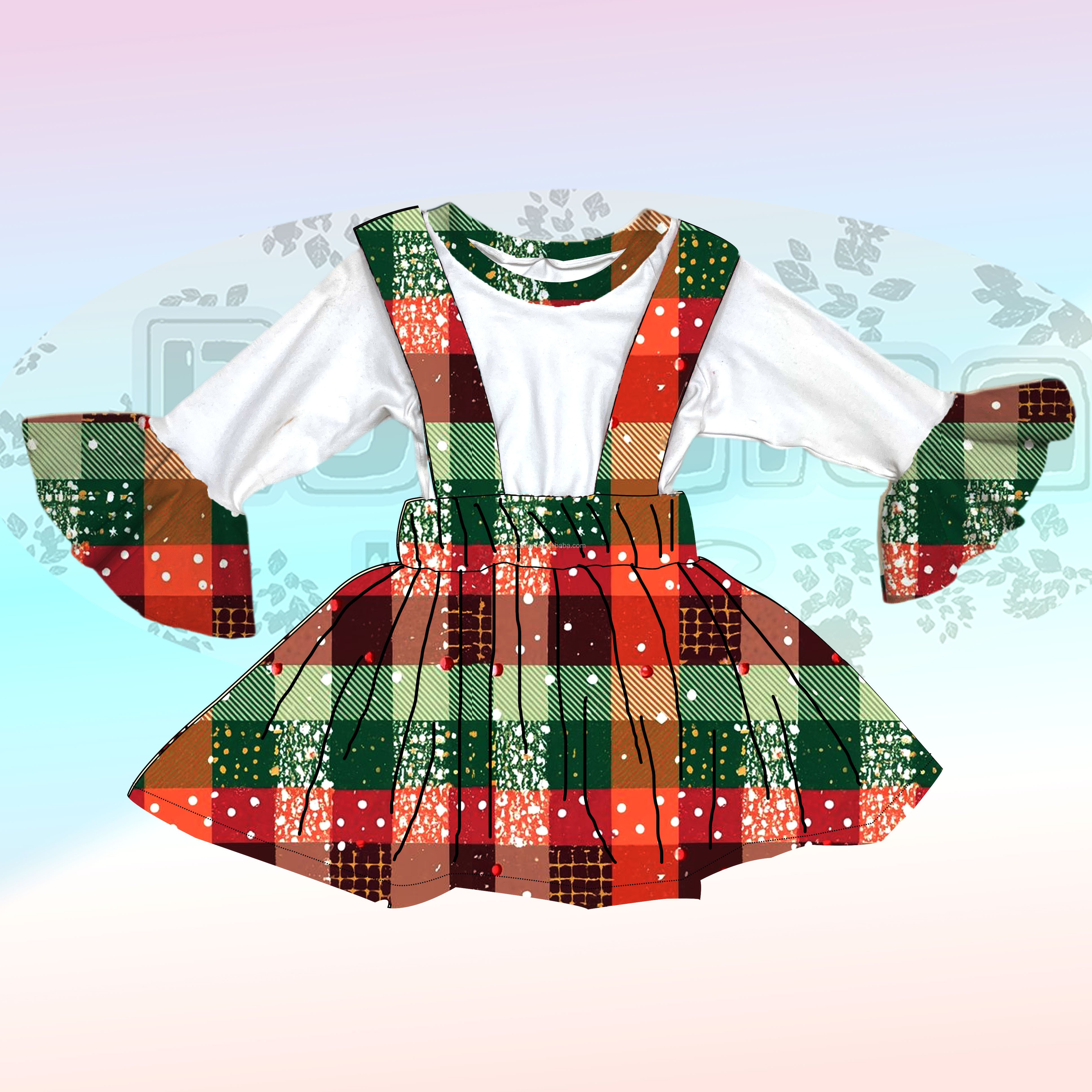 Yiwu Ruidian Custom Wholesale Children's Clothing New Hot Christmas Dress Trumpet Sleeve Shirt Red Plaid Strap Skirt 2 Sets