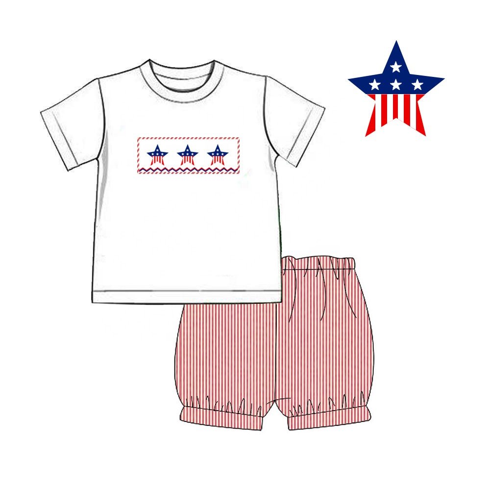 Smocked July 4th American Stars Patriotic Baby Boys Shorts Set