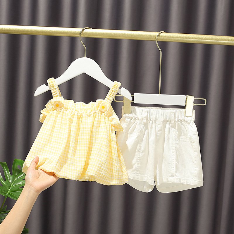 summer Children's clothing sets lace top lovely Plaid flower kids baby girl cloth two piece set