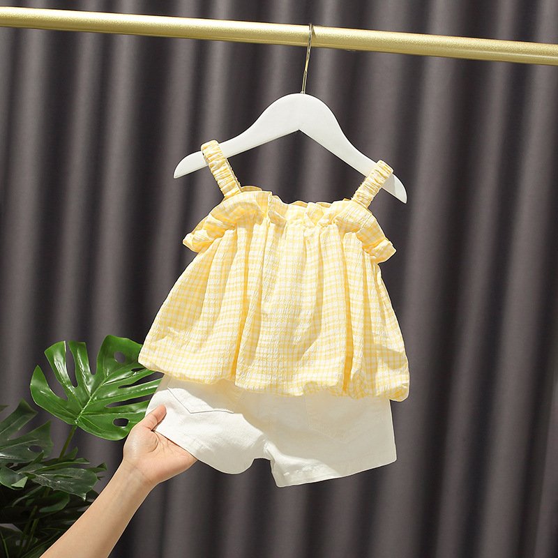 summer Children's clothing sets lace top lovely Plaid flower kids baby girl cloth two piece set