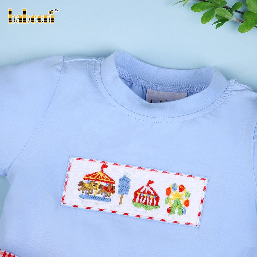 Amusement park smocked blue red check little boy short set ODM wholesale smocked children clothing boys clothing sets - BB2007