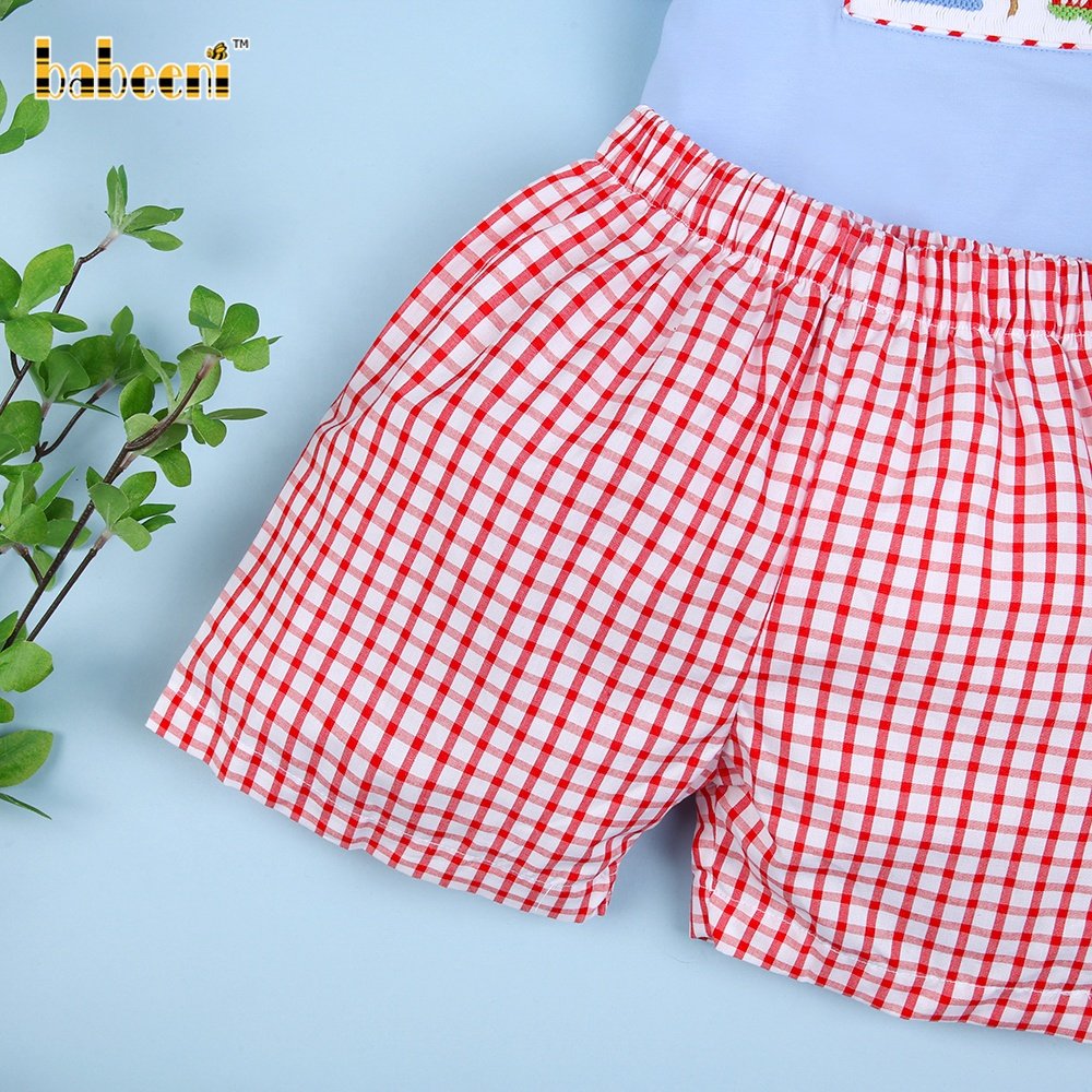 Amusement park smocked blue red check little boy short set ODM wholesale smocked children clothing boys clothing sets - BB2007