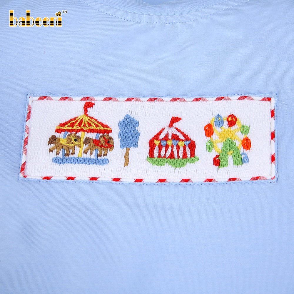 Amusement park smocked blue red check little boy short set ODM wholesale smocked children clothing boys clothing sets - BB2007