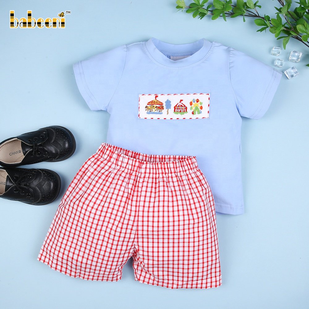 Amusement park smocked blue red check little boy short set ODM wholesale smocked children clothing boys clothing sets - BB2007
