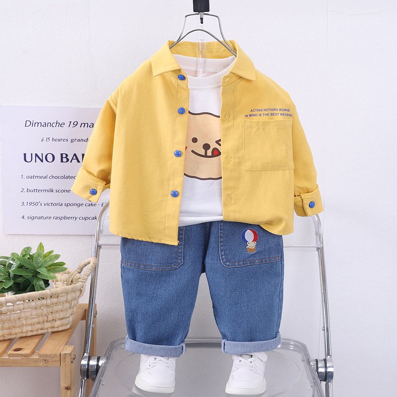 2023 AliExpress Boutique Children Clothes Long Sleeve T Shirt Button Jacket Pants 3Pcs Toddler Set Kid Clothes Boys