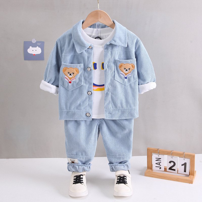 2023 AliExpress Boutique Children Clothes Long Sleeve T Shirt Button Jacket Pants 3Pcs Toddler Set Kid Clothes Boys