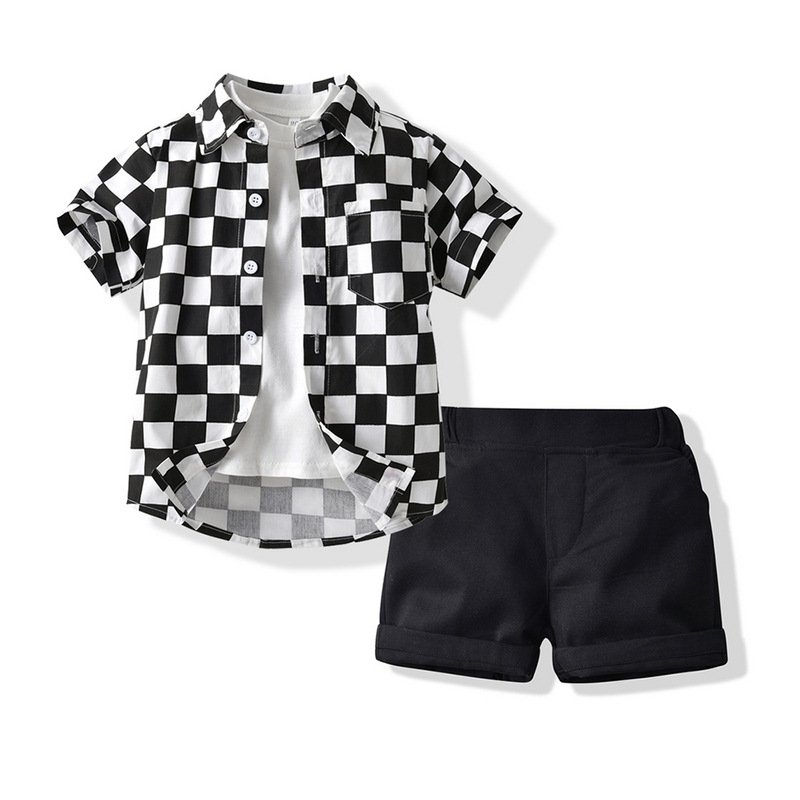 New arrival summer teen Boys Clothing Sets short sleeves plaid shirt + solid shorts + t-shirt 3 Pieces beach outfits for kids