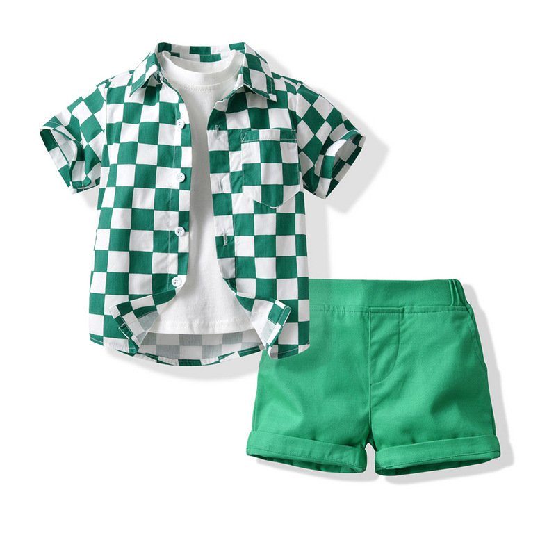 New arrival summer teen Boys Clothing Sets short sleeves plaid shirt + solid shorts + t-shirt 3 Pieces beach outfits for kids
