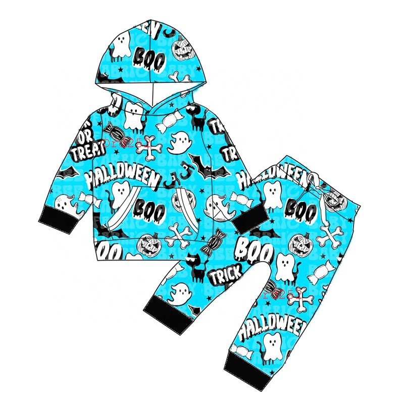 Newly designed bamboo fiber boy clothing sets baby Halloween printed long sleeved hat set children's cool set