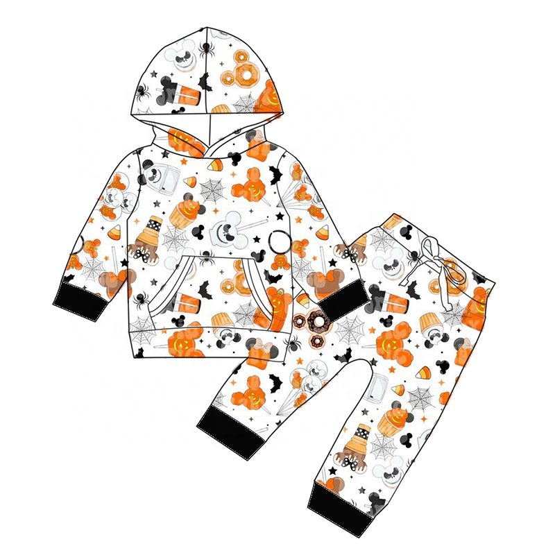 Newly designed bamboo fiber boy clothing sets baby Halloween printed long sleeved hat set children's cool set