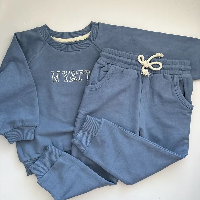 Custom embroidery children french terry sweatshirt jogger set baby toddler boy girl fleece two piece outfit set 2025