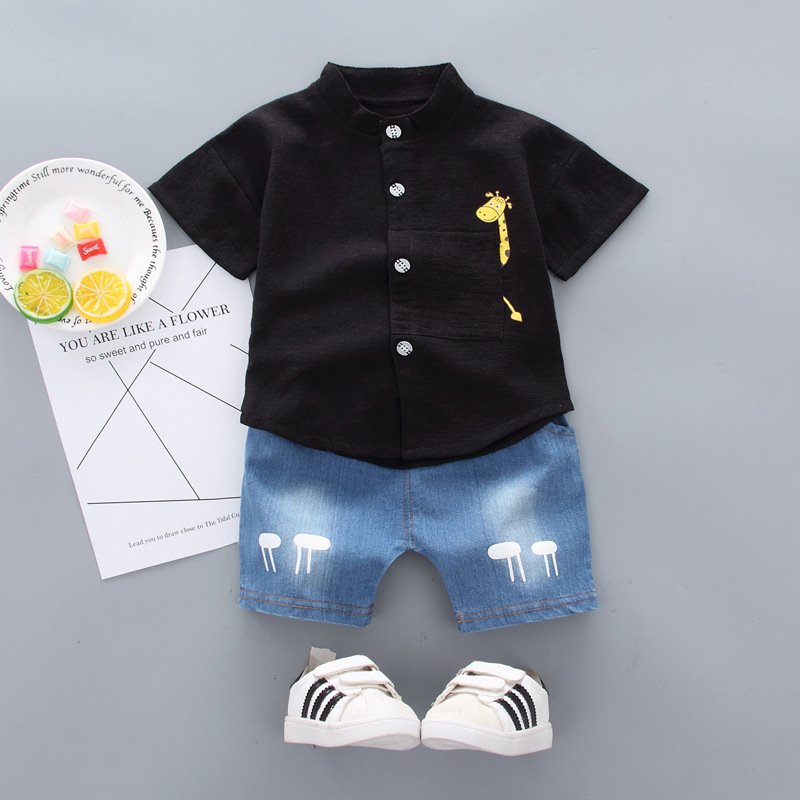 Children's Clothing Summer 2024 New Toddler Boys Cartoon Shirts Denim Shorts Baby Kids Two Pieces Clothes Set