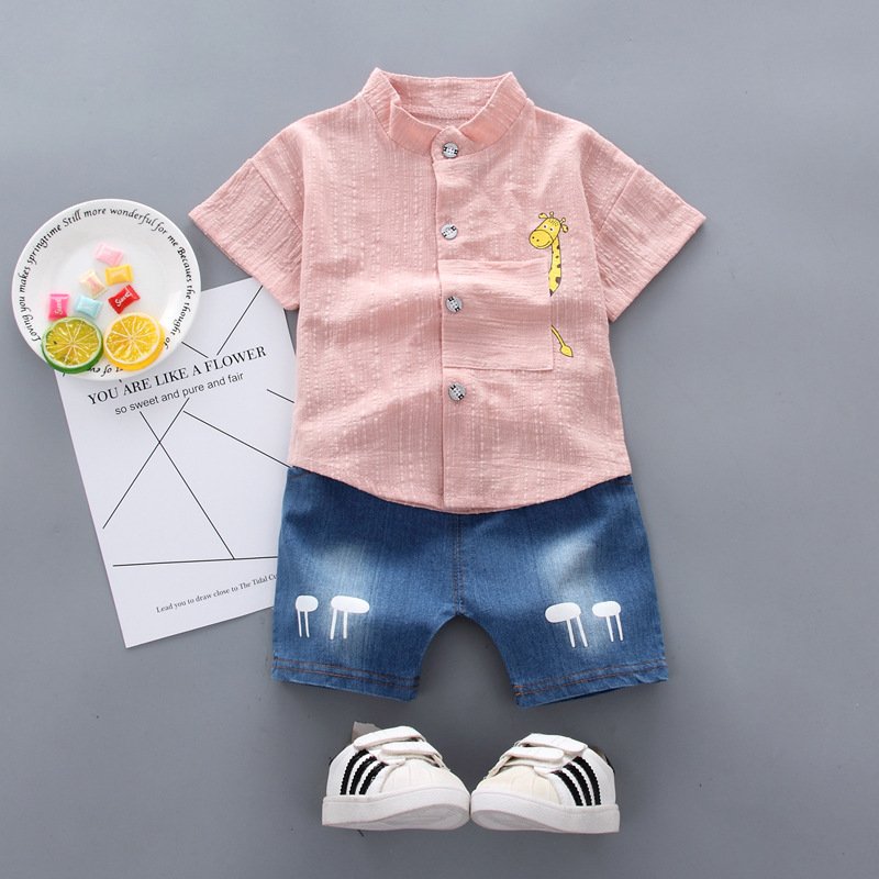 Children's Clothing Summer 2024 New Toddler Boys Cartoon Shirts Denim Shorts Baby Kids Two Pieces Clothes Set
