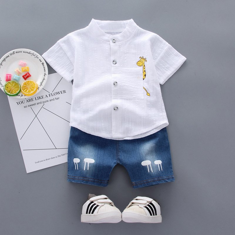 Children's Clothing Summer 2024 New Toddler Boys Cartoon Shirts Denim Shorts Baby Kids Two Pieces Clothes Set