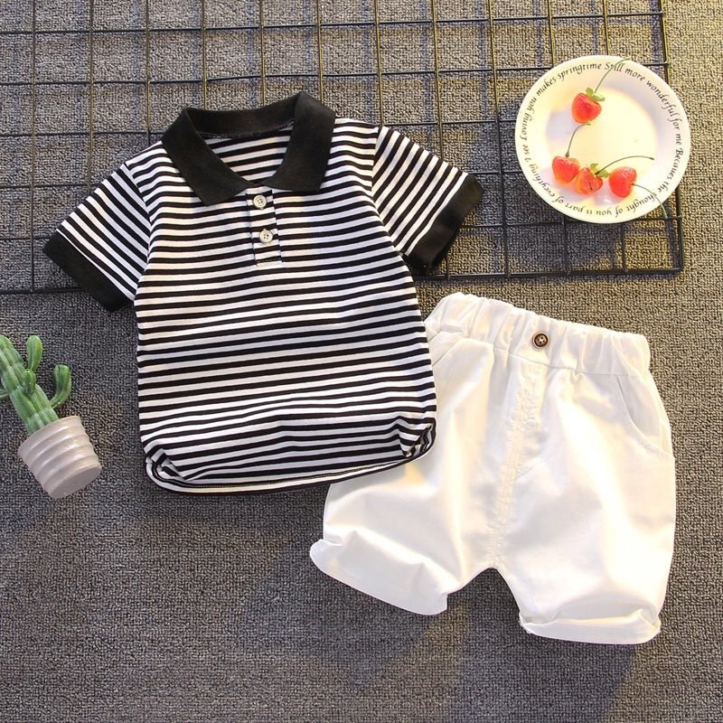 Online wholesale kids daily wear clothes two piece cotton summer short sleeve polo stripe shirt plain shorts boys clothing sets