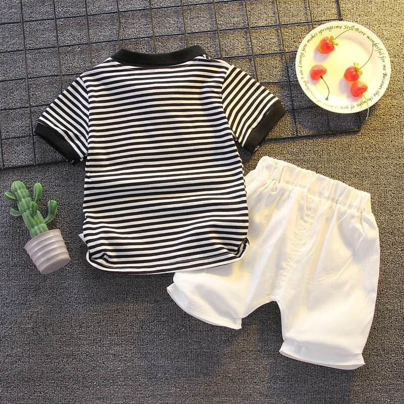 Online wholesale kids daily wear clothes two piece cotton summer short sleeve polo stripe shirt plain shorts boys clothing sets